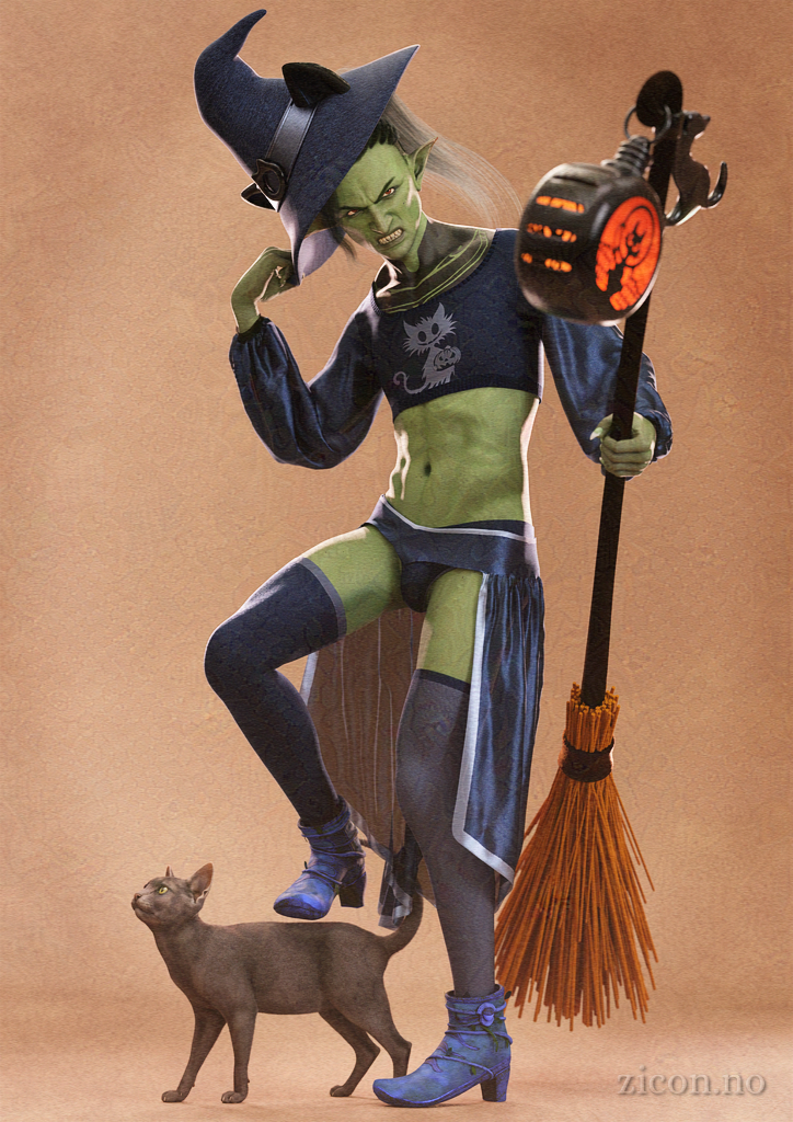 A young, green-skinned goblin man is angrily pulling at the skimpy, cat-themed witch costume he's been dressed in, unaware he's accidentally about to stomp on a cat.