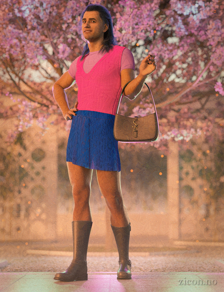 An attractive man with shoulder-length hair and great legs poses for the camera, showing off his outfit of a t-shirt, vest and skirt, combined with a fashionable handbag and motorcycle boots. The t-shirt, vest and skirt are in the bold pink, purple and blue of the bi Pride flag.