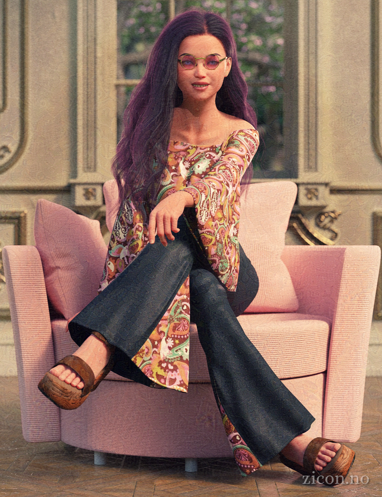 A pretty young woman sitting in a pink chair. She has long, dark hair, and is wearing glasses with pink lenses, bell-bottom jeans and platform sandals. She's sitting with her legs crossed, one arm resting on her knee, as she's smiling at the camera.