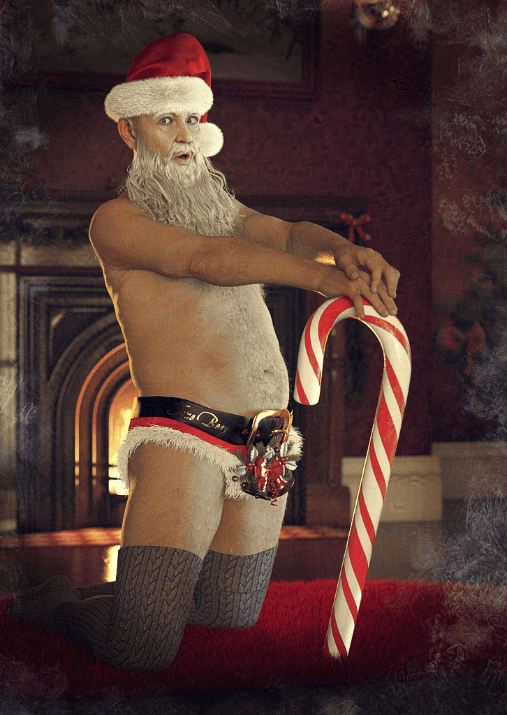 Santa kneels on a thick red carpet in front of a lit fireplace and a Christmas tree. He is dressed only in a Santa hat, long stockings and very small red shorts with white fur trim. He leans his hands on a huge red and white candy cane. Decorated bells hang below his belt buckle. He's obviously been waiting for you.