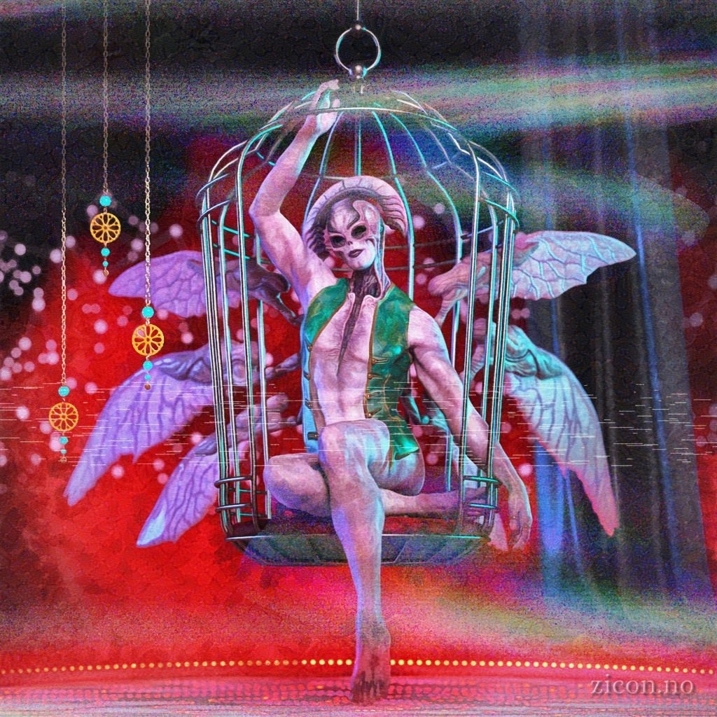 A masculine humanoid figure with a halo-like bone crest and three pairs of plucked wings sits in a decorative hanging cage, posing seductively for the viewer. The image is glitchy and noisy, like a TV not quite getting a proper signal.