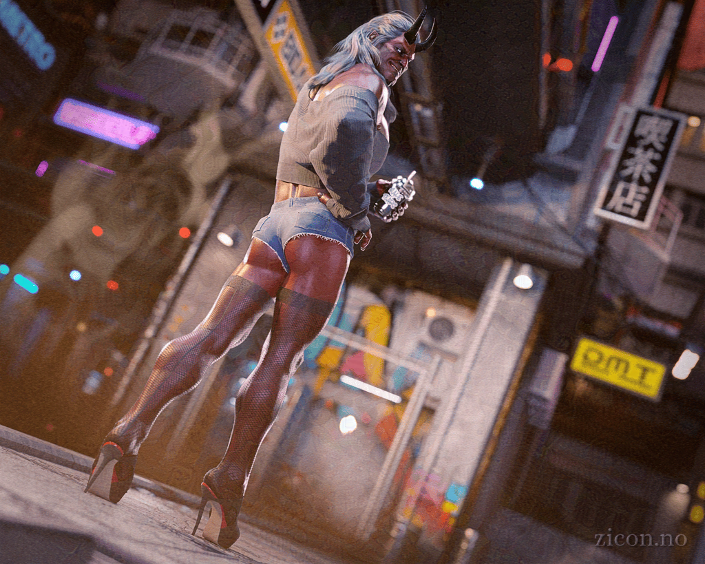 We're in a near-futuristic dense cityscape, with neon lights adorning every building. There's graffiti on the walls, and the very air seems dirty and greasy. In the middle of this, your eye is guided up the back of a pair of long legs in stiletto heels and fishnet stockings, over a pair of tight-fitting ripped jeans cut so short they reveal significant amounts of buttock, to the beefy upper body of a red-skinned man with black horns curving from his forehed. He looks over his shoulder at you with a grin that suggests he just might eat you, and not in a good way.