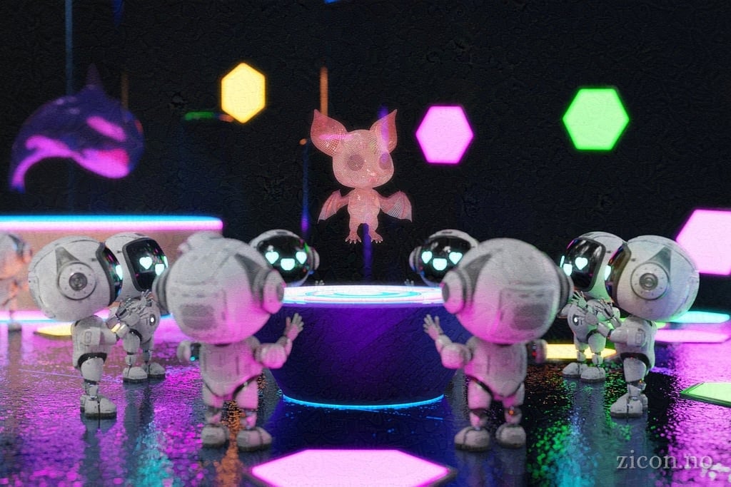 Several cute little robots stands around a holographic display of Ratu the bat in a museum lit with bright neon lights. Their face screens light up with heart-shaped eyes.