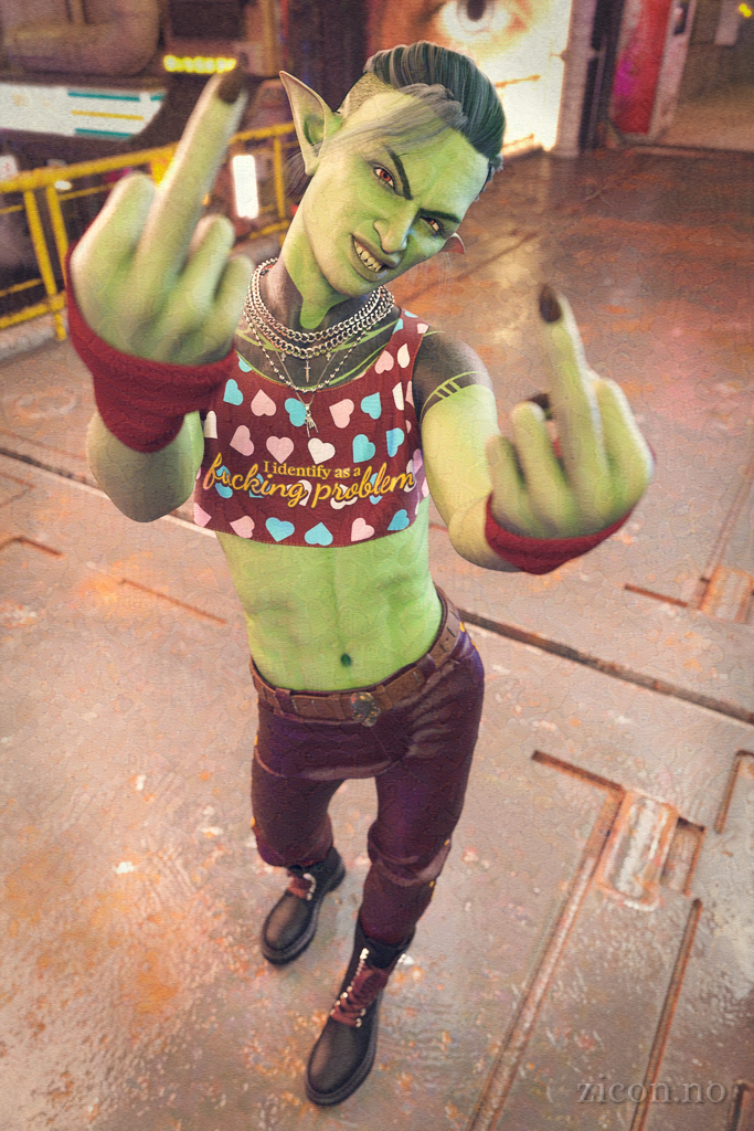 A skinny, green-skinned goblin man with a defiant grin holds up two middle fingers to the camera. He's wearing combat boots, leather trousers, and a crop top. The top has a pattern of hearts in the colours of the trans flag, with the text 'I identify as a fucking problem' overlaid. His expression and stance says he's not just ready for a fight, but fully expects to win it.