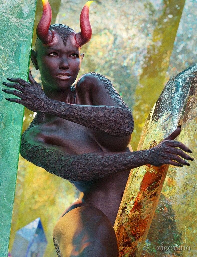 A curvy woman with dark, rocky skin and glowing horns pushes her way through a cave filled with crystals.