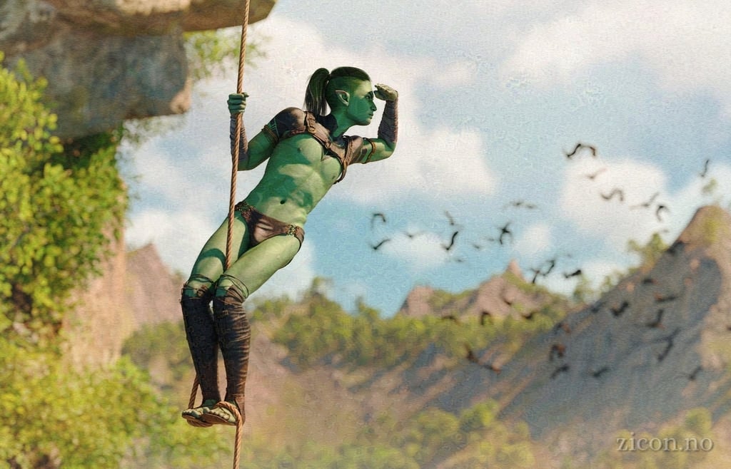 A young goblin man with green skin and a slim, muscular build hangs from a rope high over a mountainous landscape. He's holding on to the rope securely, using his feet to wrap and lock the rope as he leans out to look at something in the distance, using his free hand to shade his eyes from the bright sun. A flock of birds fly past in the background.