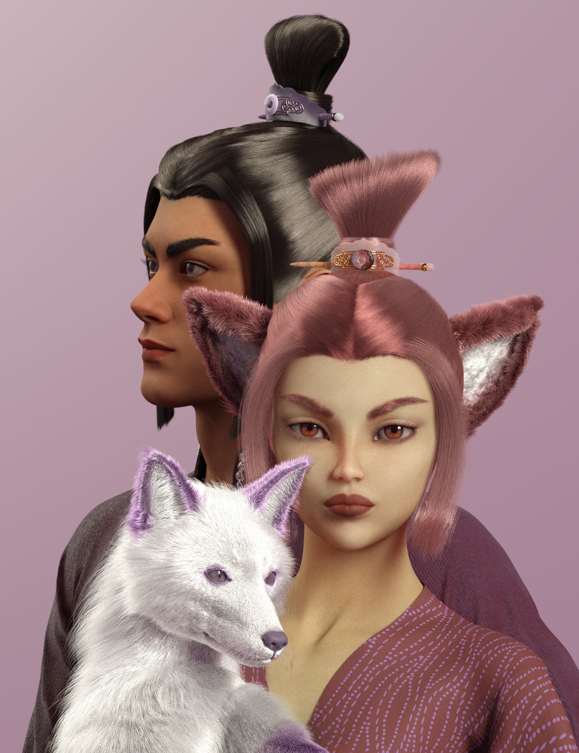 Immortal Heroes Zisheng Hair and Huli Jing Colors Bundle by: Canary3d, 3D Models by Daz 3D