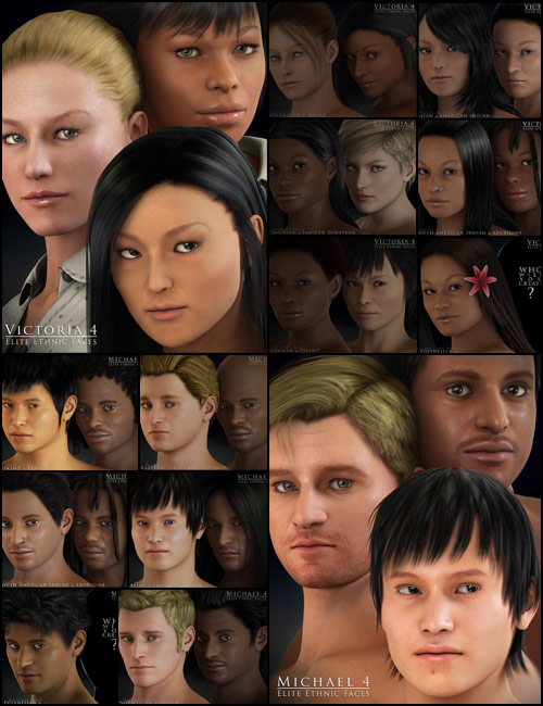 M4/V4 Elite Ethnic Faces Bundle by: , 3D Models by Daz 3D