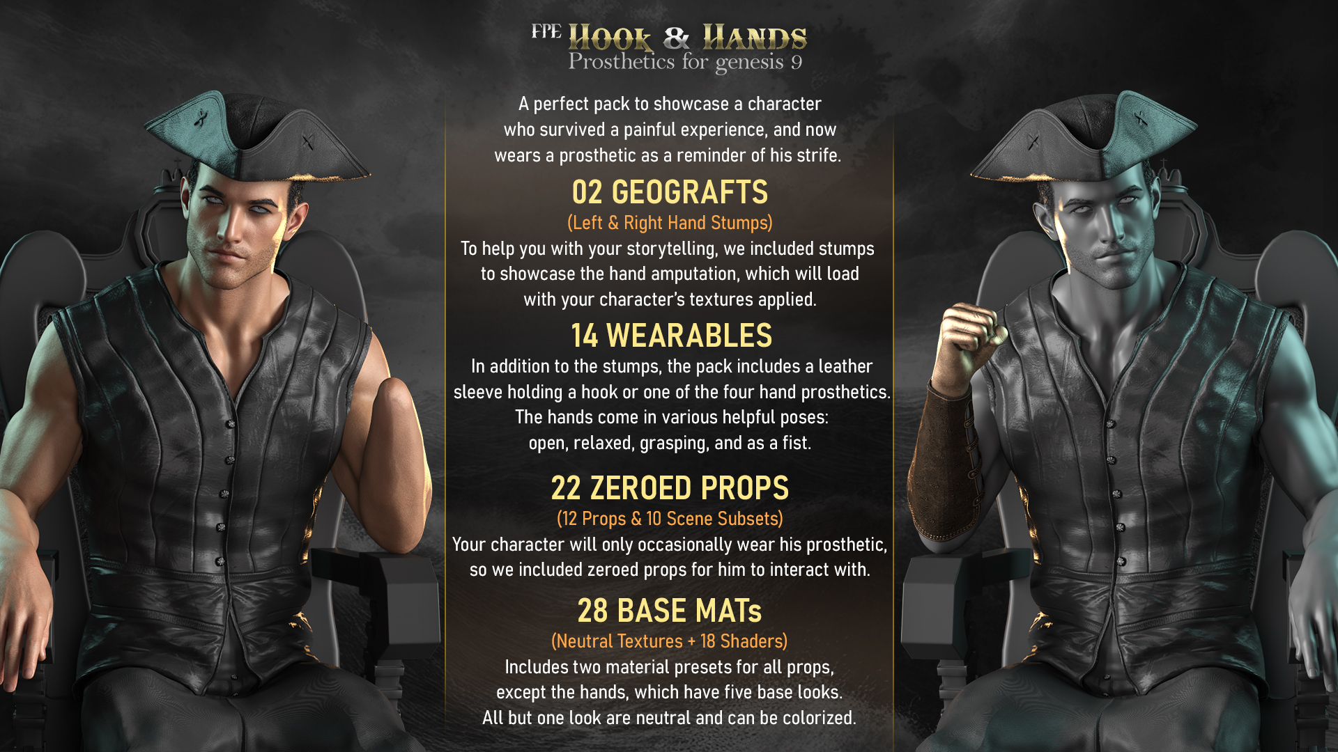 FPE Hook & Hands Prosthetic for Genesis 9 | Daz 3D