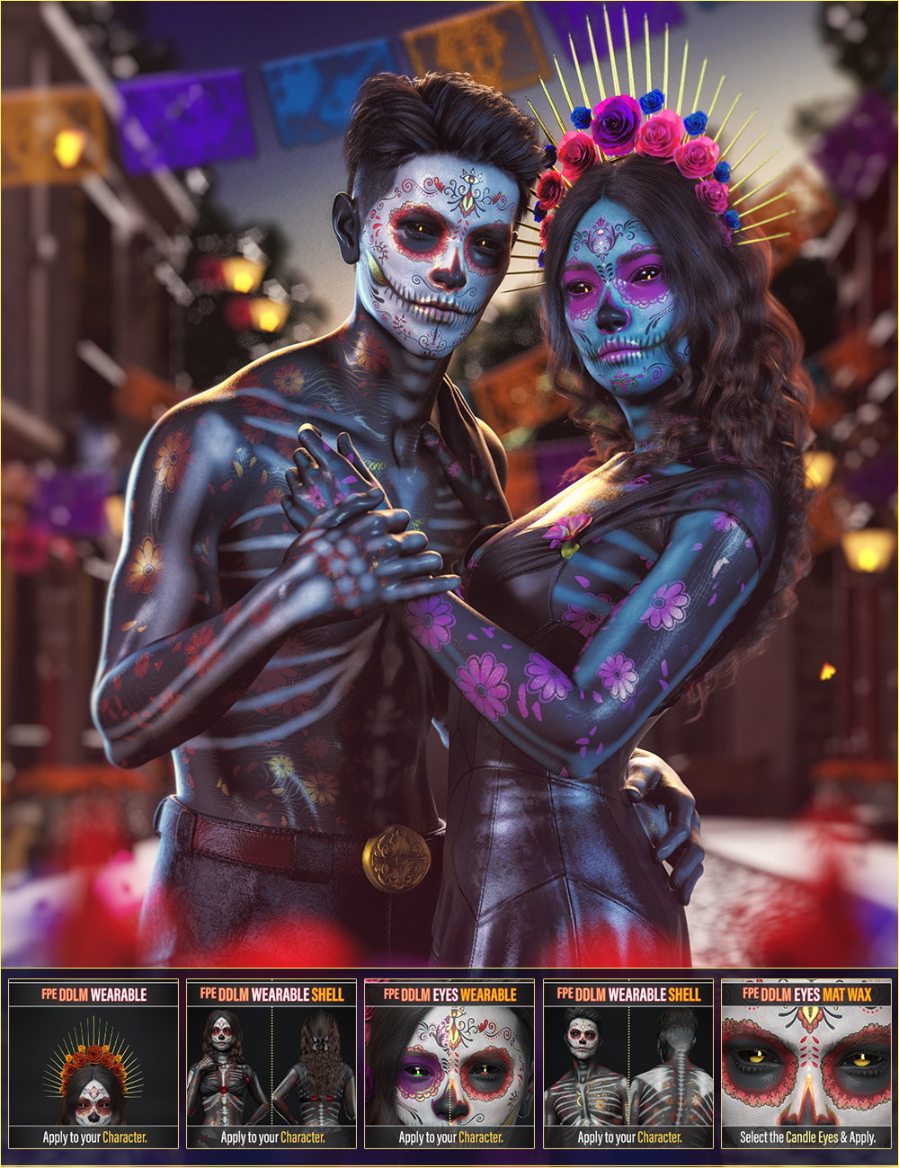 FPE Dia de los Muertos Makeup for Genesis 9 by: FenixPhoenixEsid, 3D Models by Daz 3D