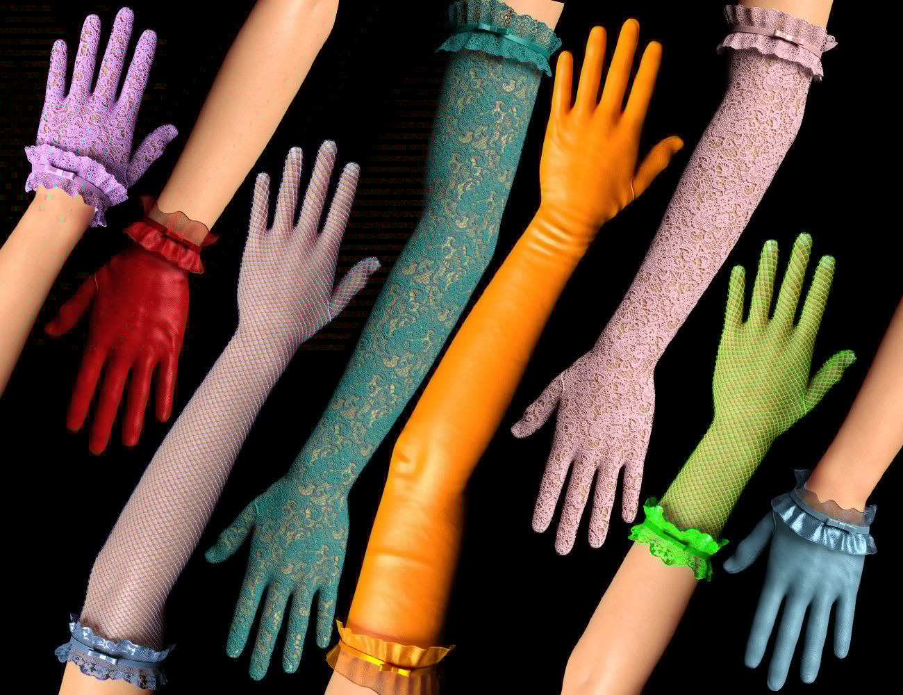 Gloves with Ruffle Collection for Genesis 9, 8 and 8.1 Female