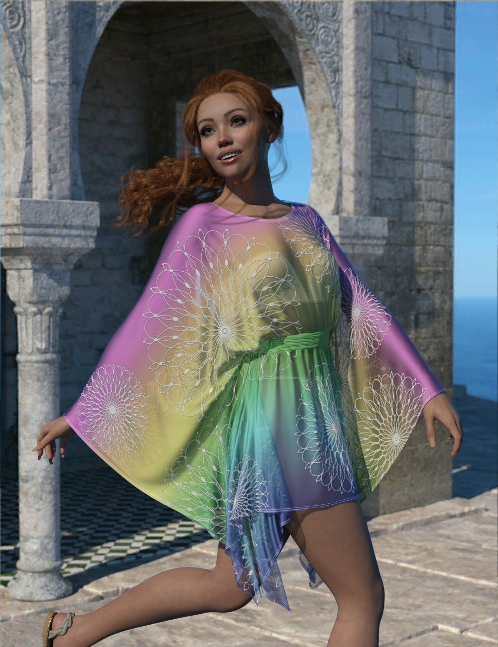 dForce Round Neck Kaftan for Genesis 9 by: Lully, 3D Models by Daz 3D