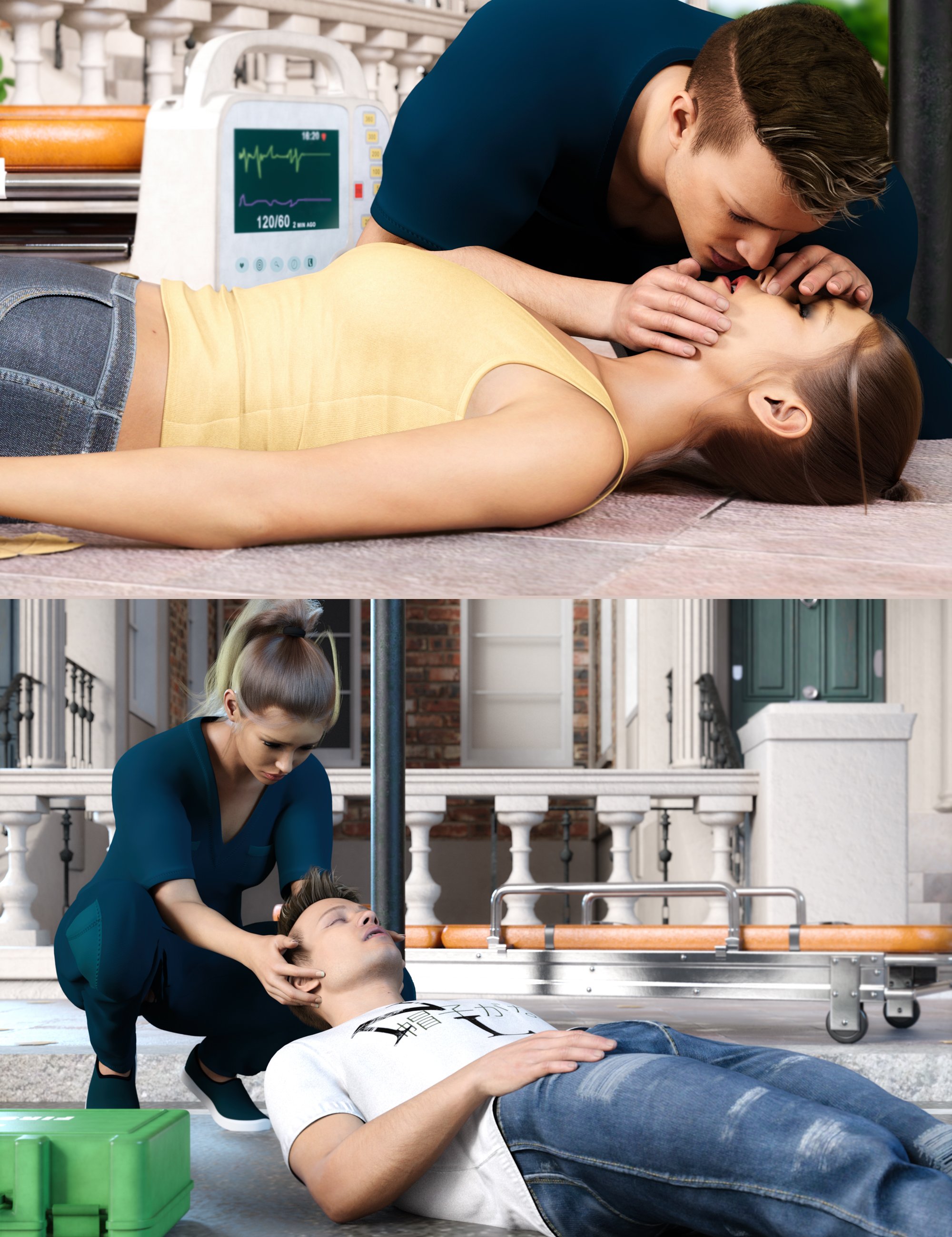 Z First Aid Couple Poses for Genesis 9 and 8 by: Zeddicuss, 3D Models by Daz 3D