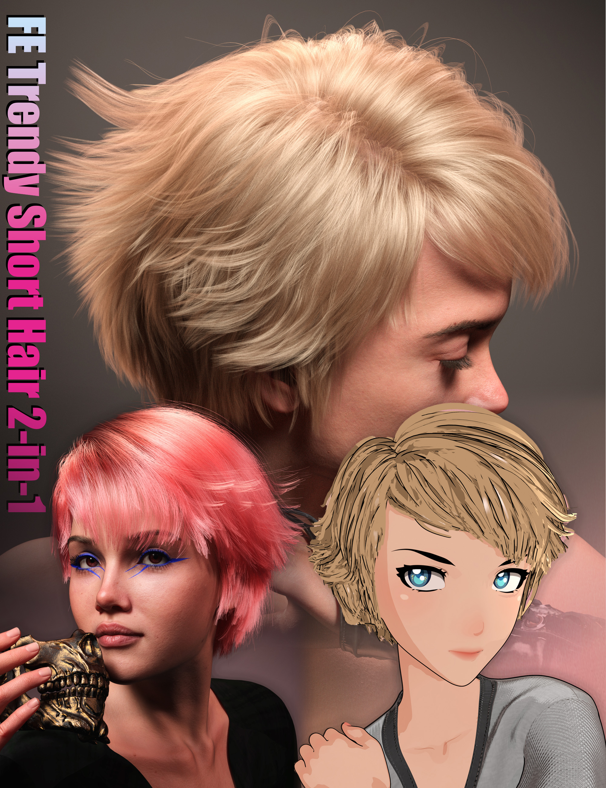 FE 2-in-1 Trendy Short Hair Bundle for Genesis 9 by: FeSoul, 3D Models by Daz 3D