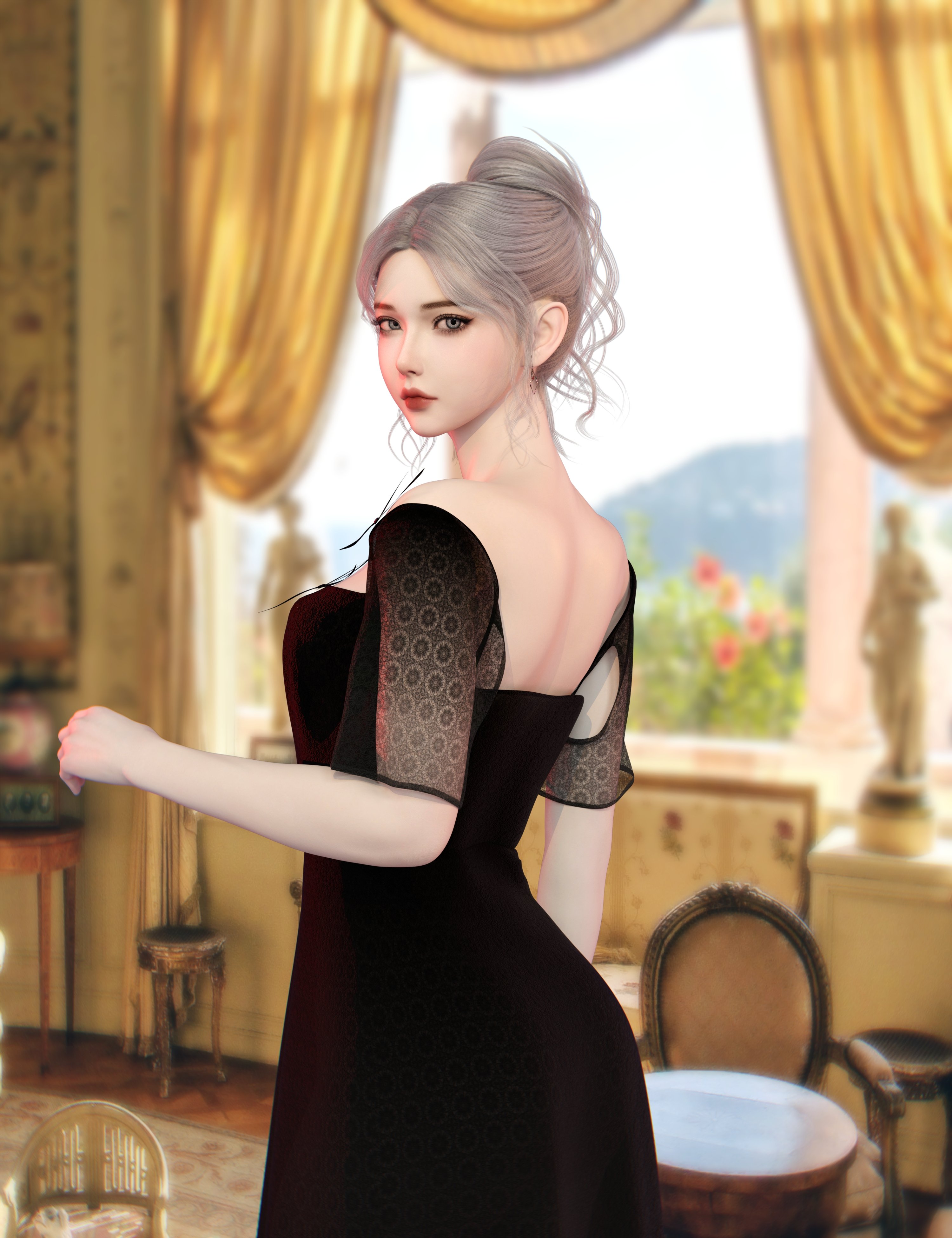 Noki Romantic Curly High Bun for Genesis 9 by: Noki Saki, 3D Models by Daz 3D