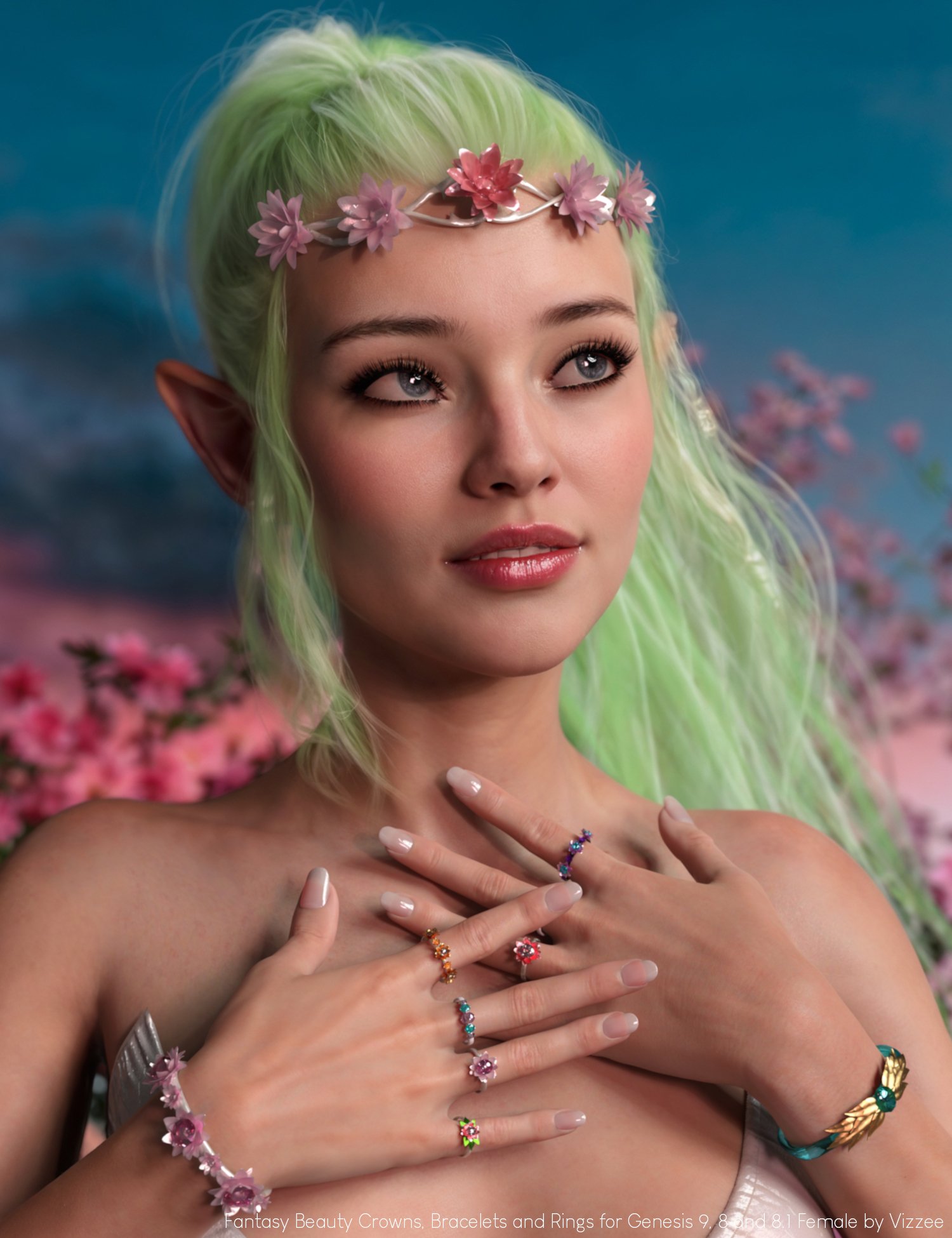 Fantasy Beauty Crowns, Bracelets and Rings for Genesis 9, 8 and 8.1 Female by: Vizzee, 3D Models by Daz 3D