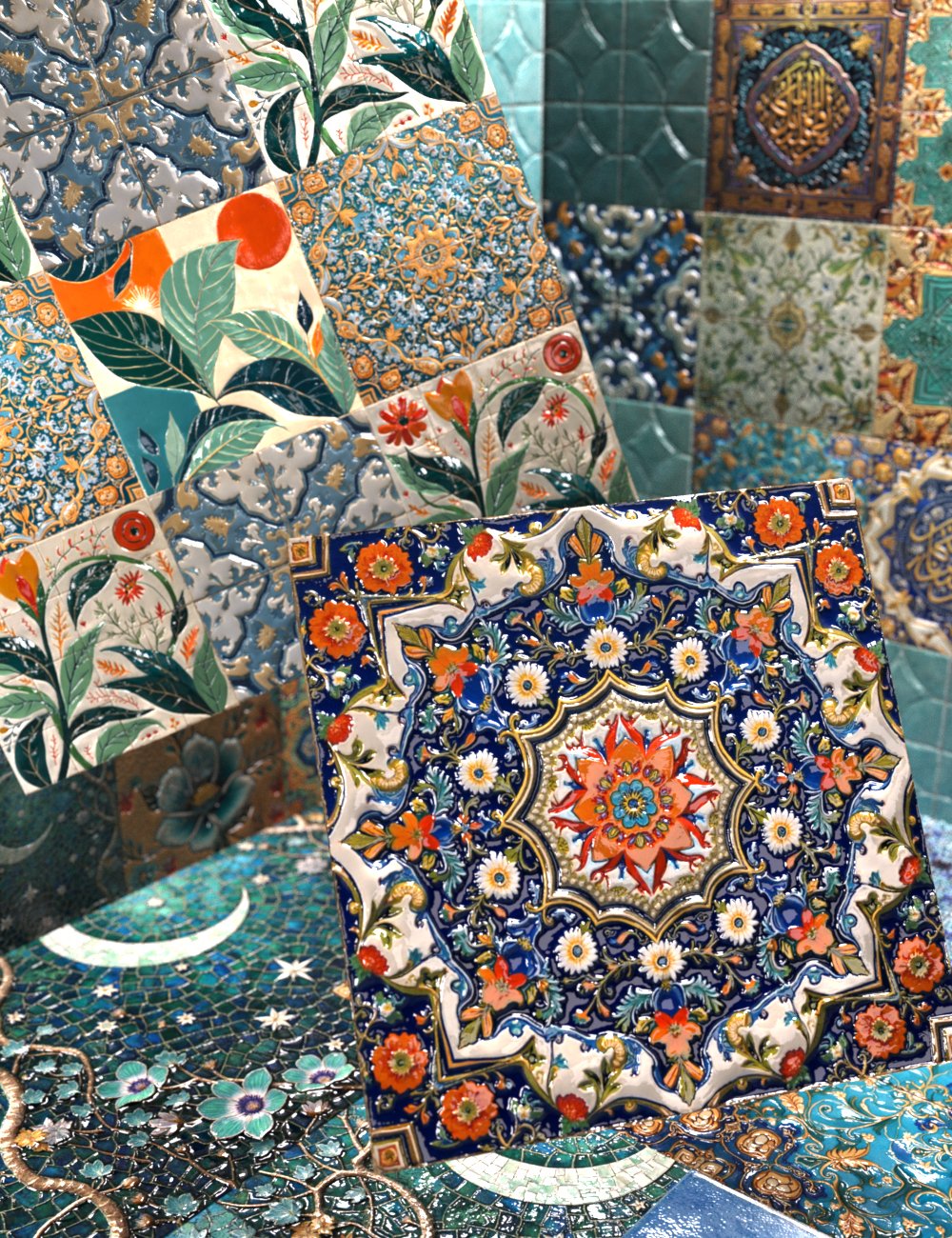 Oriental Tiles Iray Shader and Props Merchant Resource by: dobit, 3D Models by Daz 3D