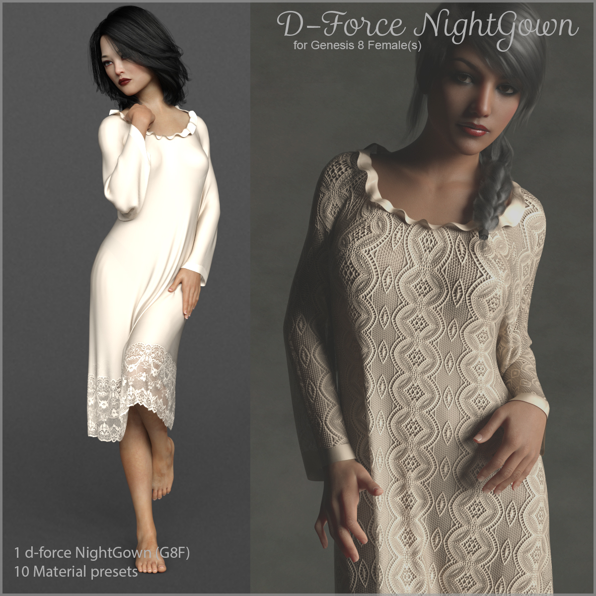 D-Force NightGown for G8F by: antje, 3D Models by Daz 3D