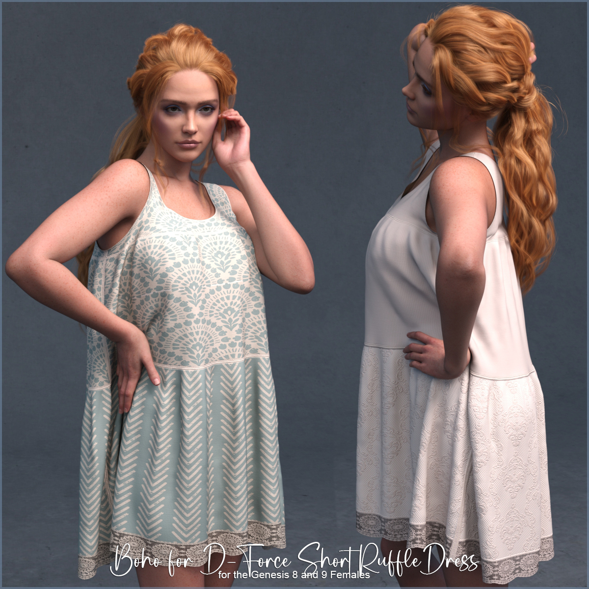 Boho for D-Force Short Ruffle Dress for Genesis 8/8.1/9/V9 by: antje, 3D Models by Daz 3D