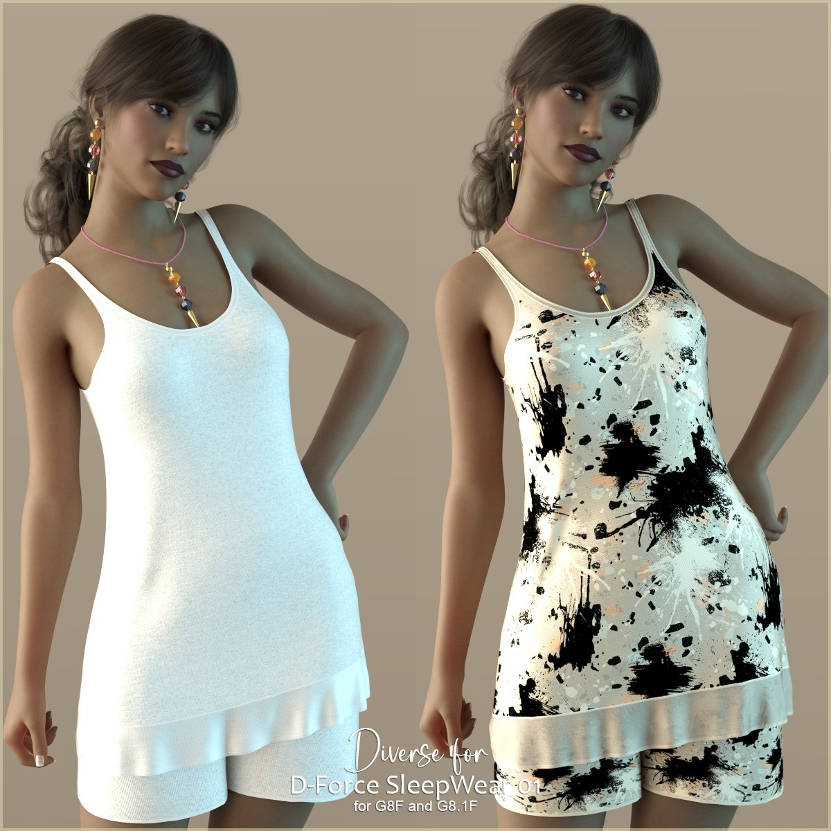 Diverse for D-Force SleepWear 01 for G8F and G8.1F by: antje, 3D Models by Daz 3D
