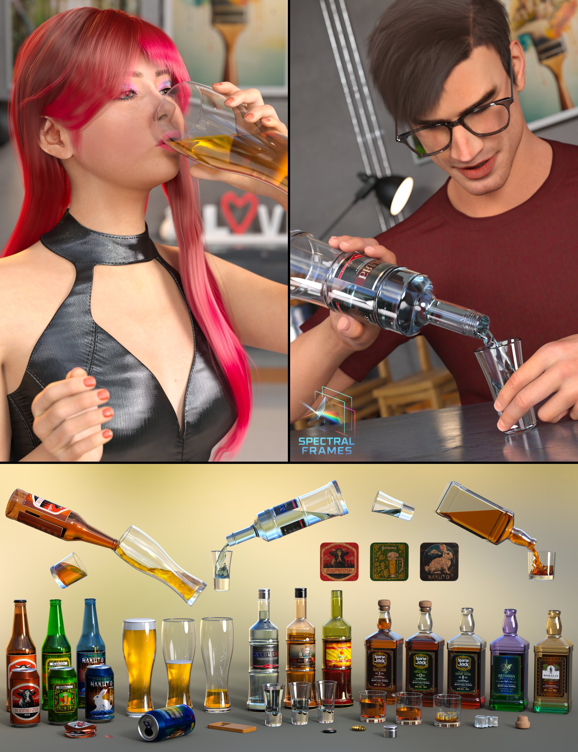 Bad Habits: Alcohol Drinking Smartprops & Poses For Genesis 8 and 9 by: Spectral Frames, 3D Models by Daz 3D