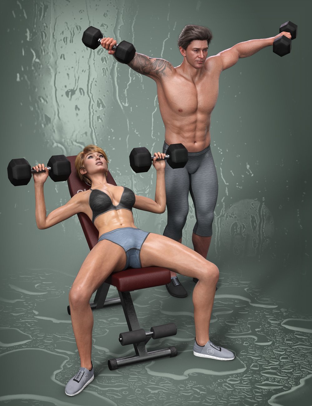 MD Olympus Gym Bench, Dumbbell and Poses for Genesis 8 and 9 by: MikeD, 3D Models by Daz 3D
