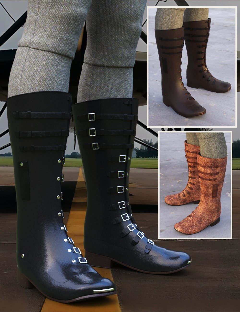 Aviator Boots for Genesis 9 by: Fantasyart3D, 3D Models by Daz 3D