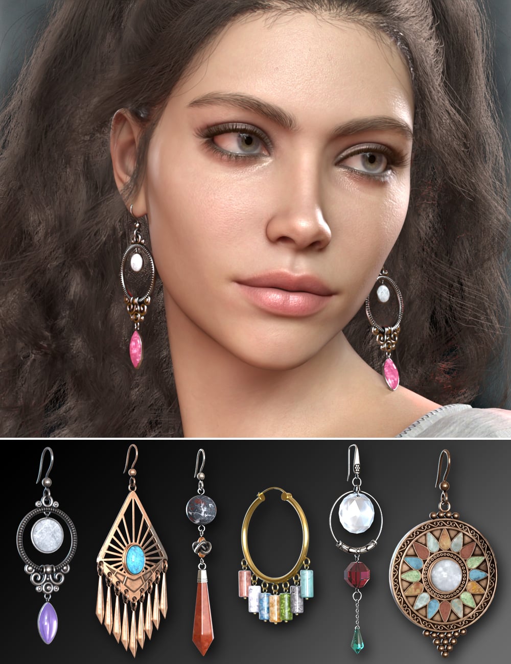 Boho Earrings Collection for Genesis 9 by: esha, 3D Models by Daz 3D