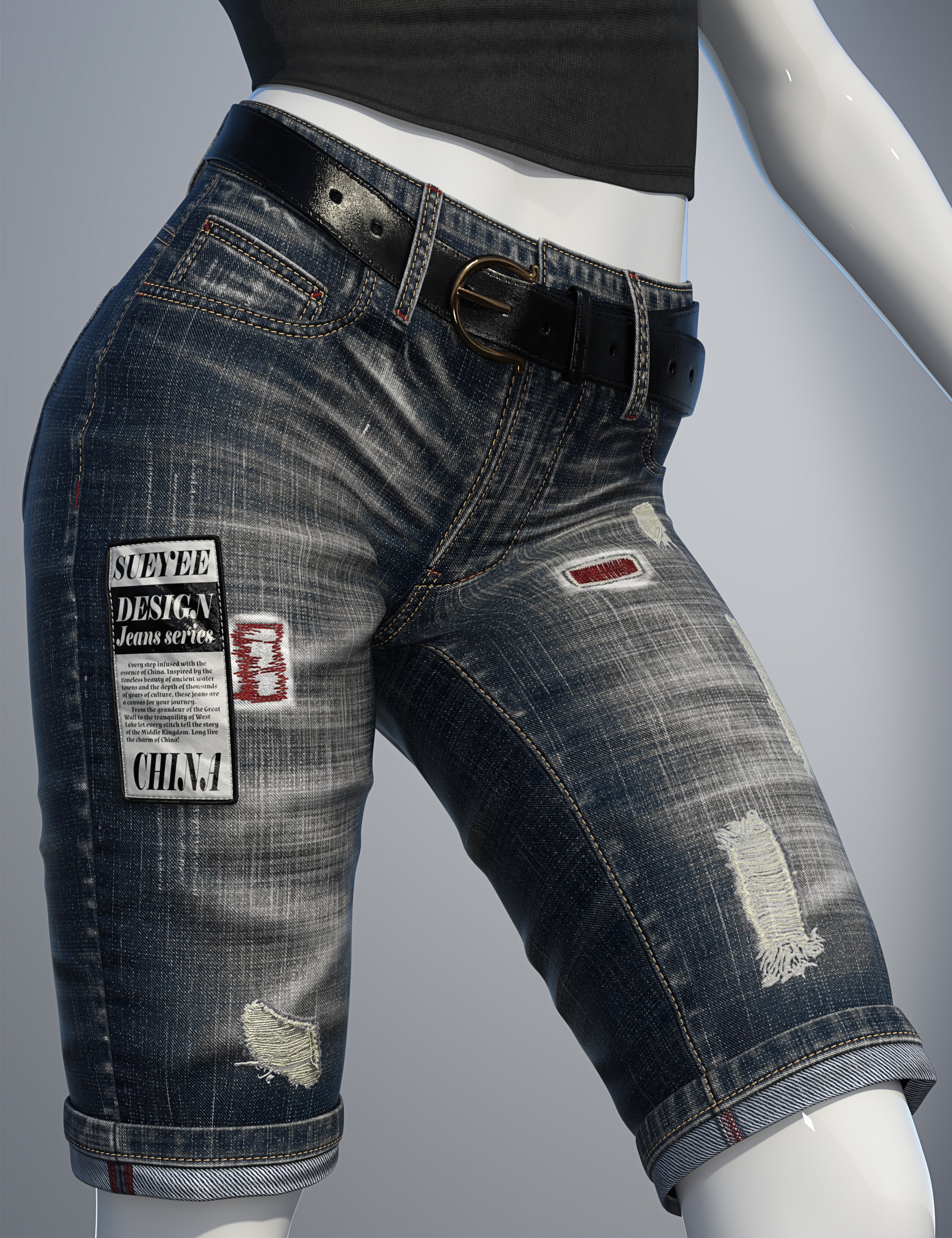 dForce SU Medium Length Jeans for Genesis 9, 8.1, and 8 Female by: Sue Yee, 3D Models by Daz 3D