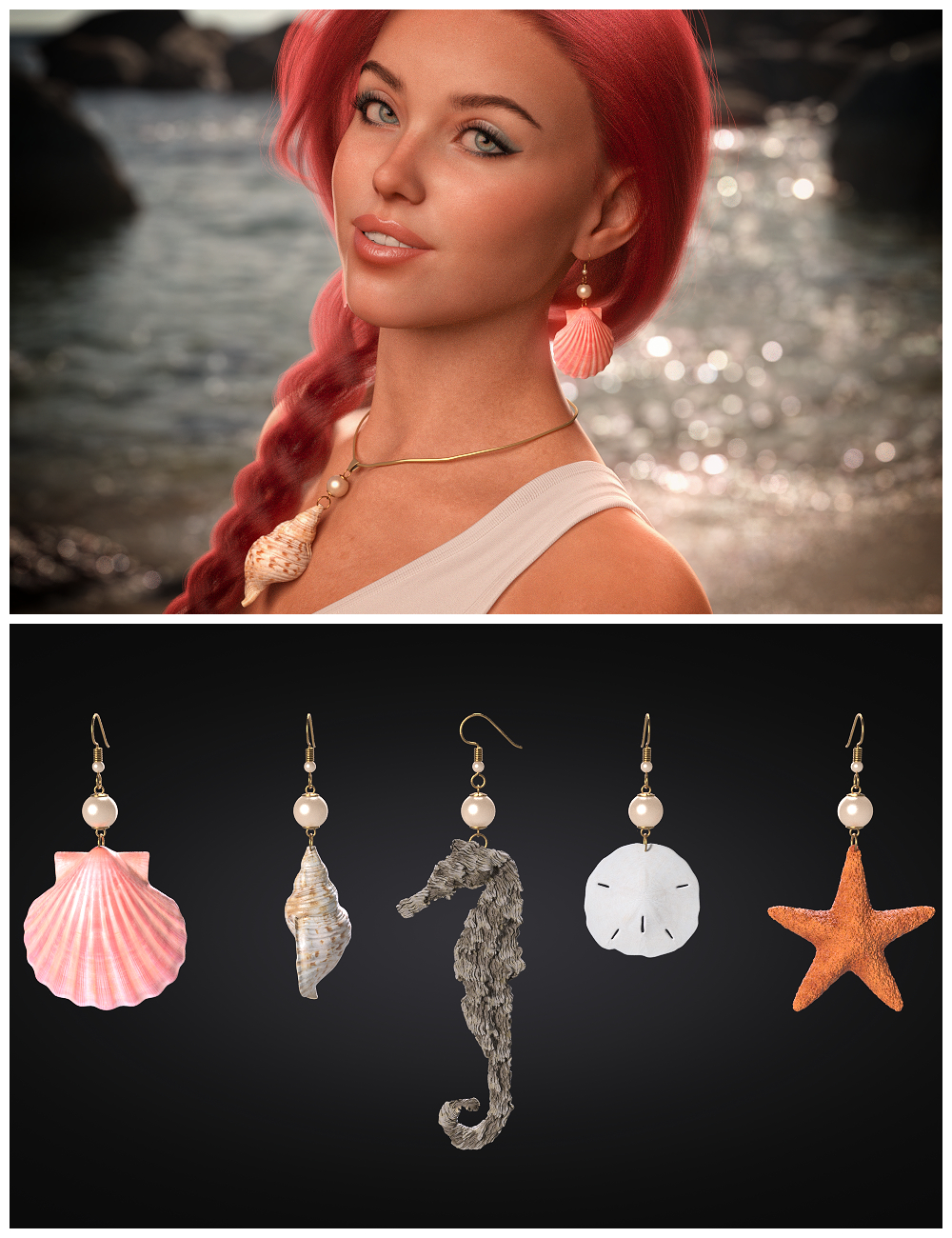 Call of the Sea Earring Collection for Genesis 9 and Genesis 8 Female by: Silas3D, 3D Models by Daz 3D