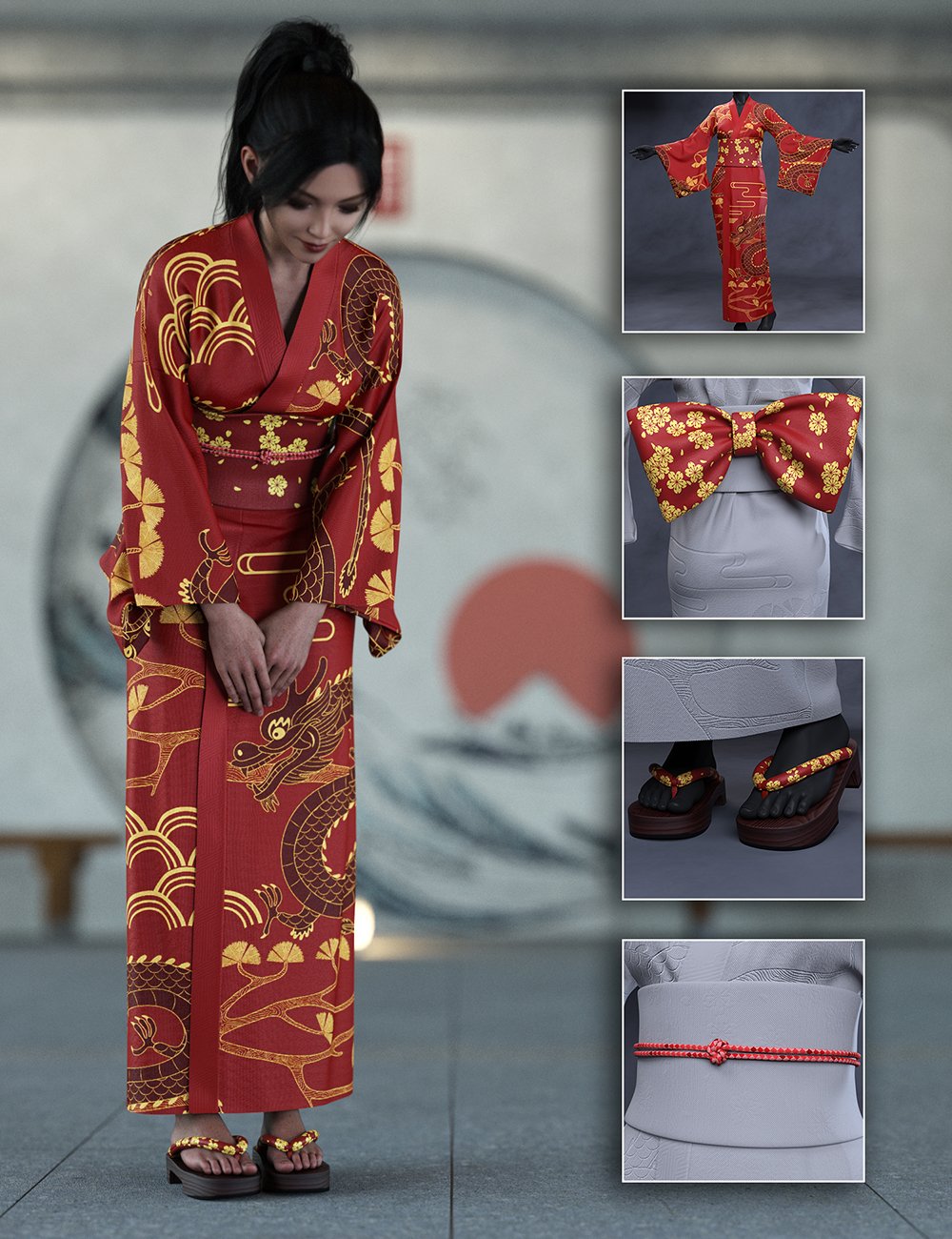 dForce Long Kimono For Genesis 9 by: aurora, 3D Models by Daz 3D