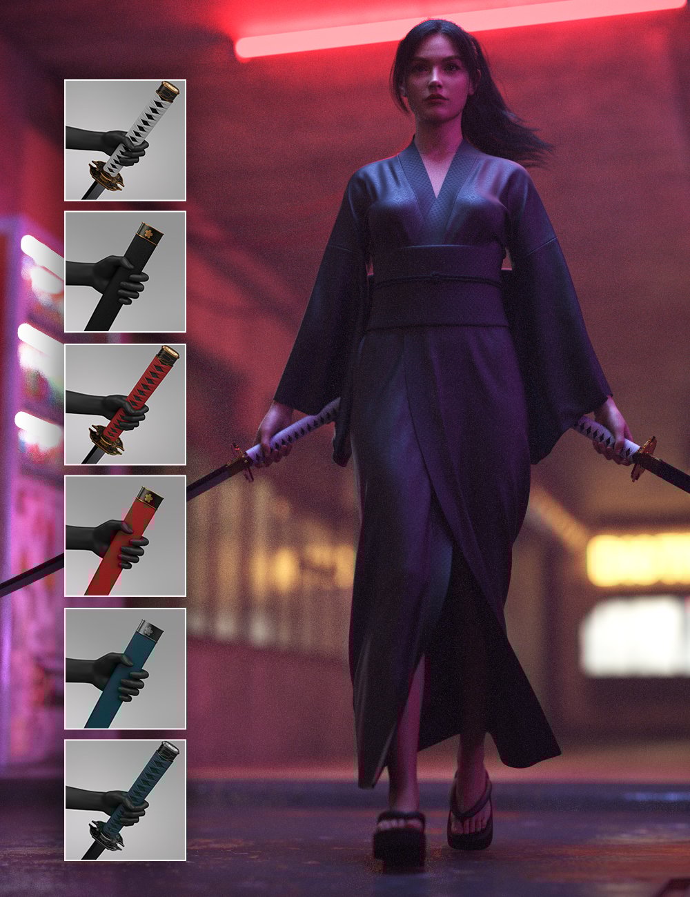 Katana and Kimono Poses For Genesis 9 by: aurora, 3D Models by Daz 3D