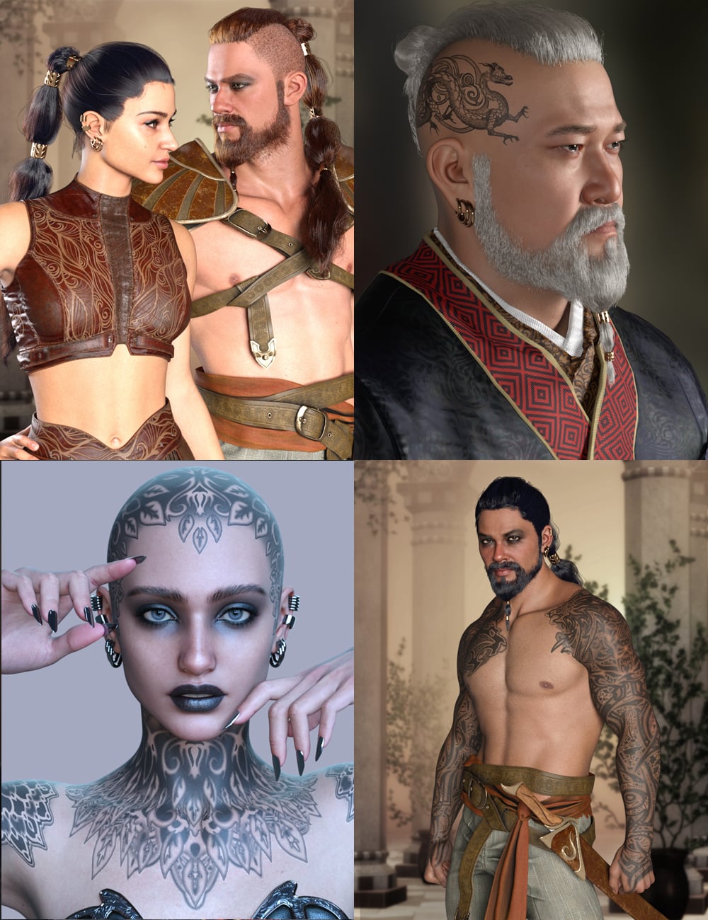 MRL Combinations : Warrior Braid, Beard and Tattoos Bundle For Genesis 9 by: Mihrelle, 3D Models by Daz 3D