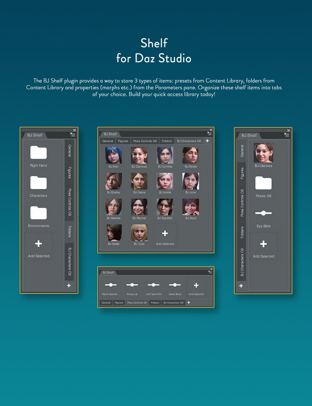 BJ Shelf Plugin by: bluejaunte, 3D Models by Daz 3D
