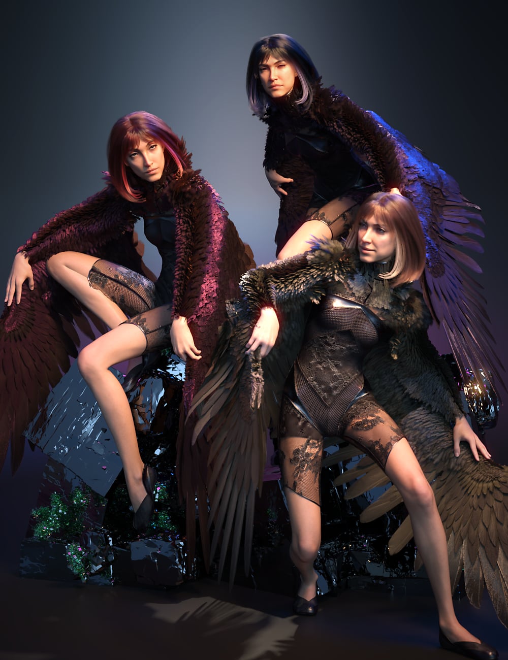 Raven Wing Poses for Genesis 9 and Aello Wings by: Quixotry, 3D Models by Daz 3D