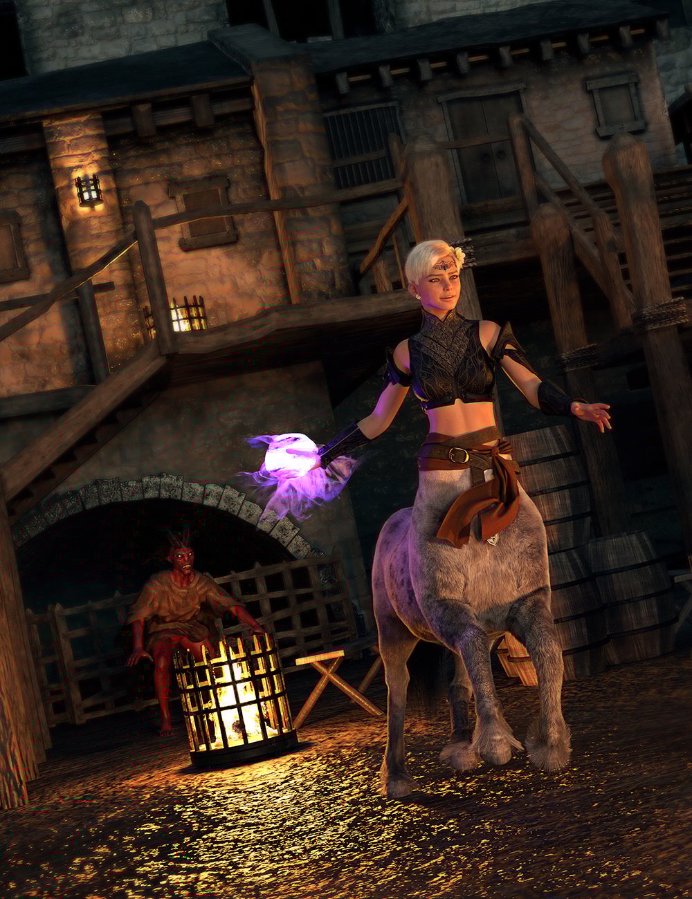 A centaur flees a crouching monster in a castle setting