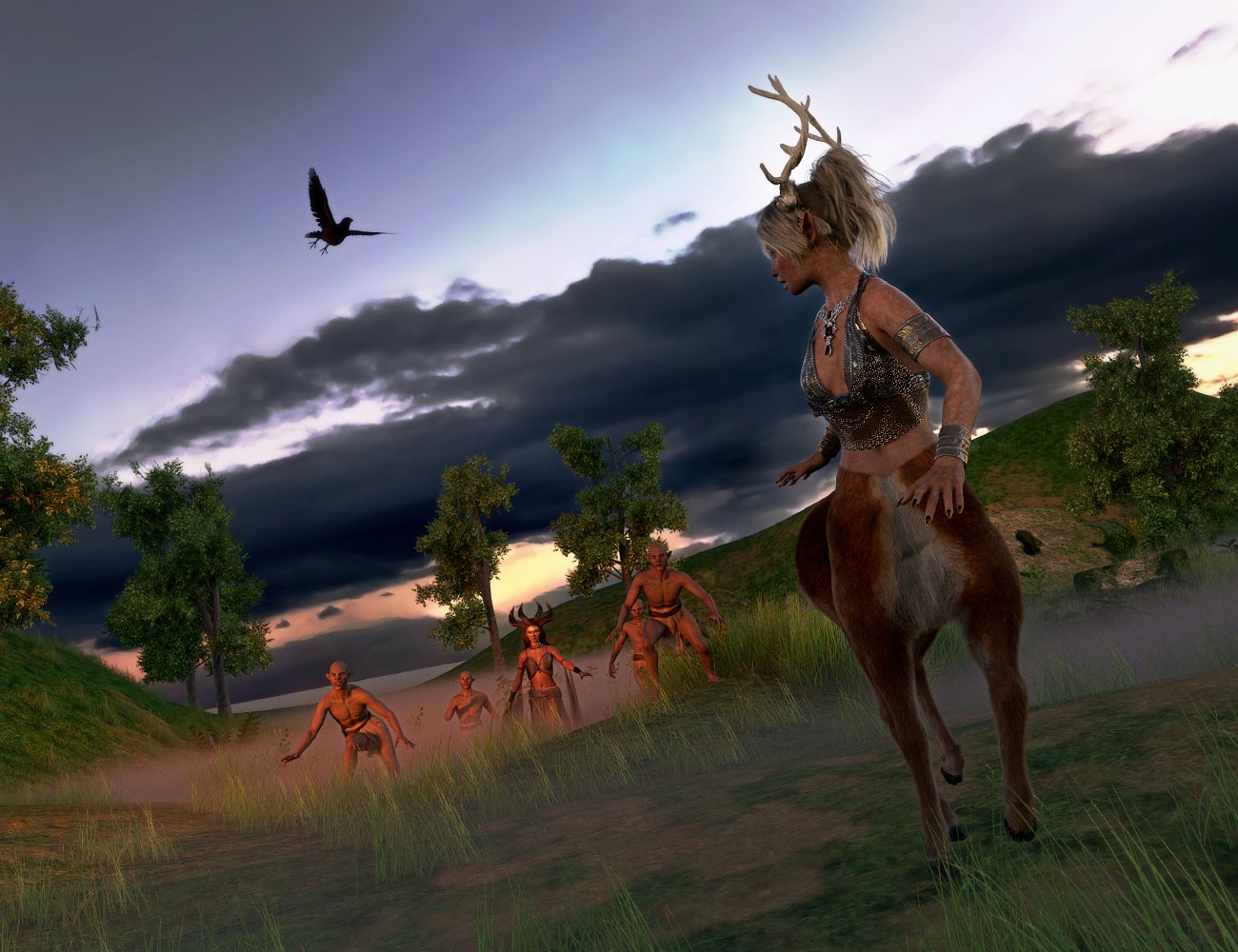 A centaur realizes she's being stalked by zombies