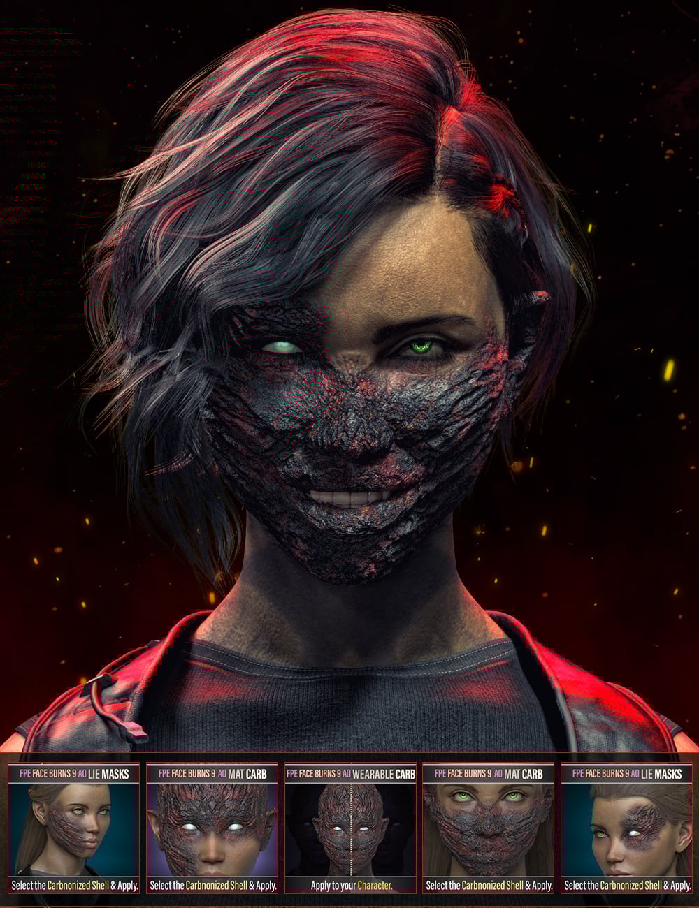 FPE HD Face Burns Carbonized Add-On for Genesis 9 by: FenixPhoenixEsid, 3D Models by Daz 3D