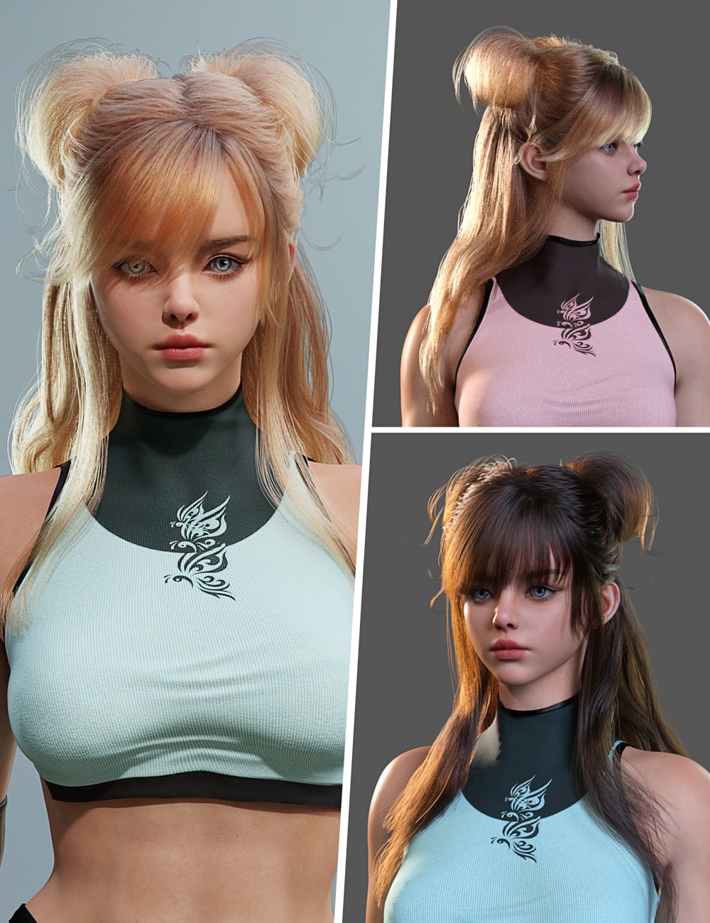 dForce Double Bun Cape Hair for Genesis 9 by: Magic Brush, 3D Models by Daz 3D