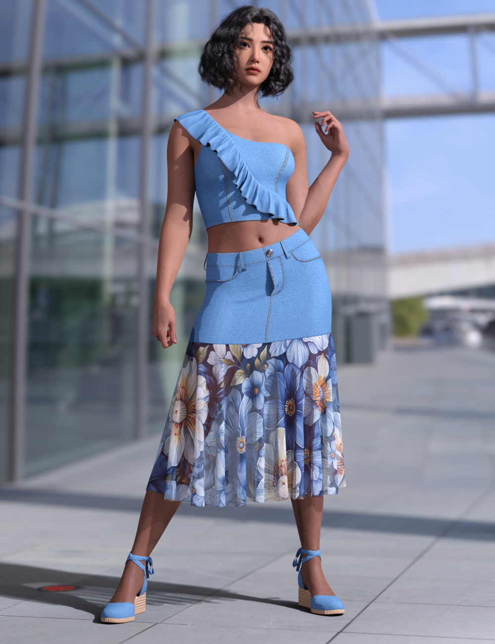 dForce LV Flouncy Denim Outfit for Genesis 9 by: Leviathan, 3D Models by Daz 3D