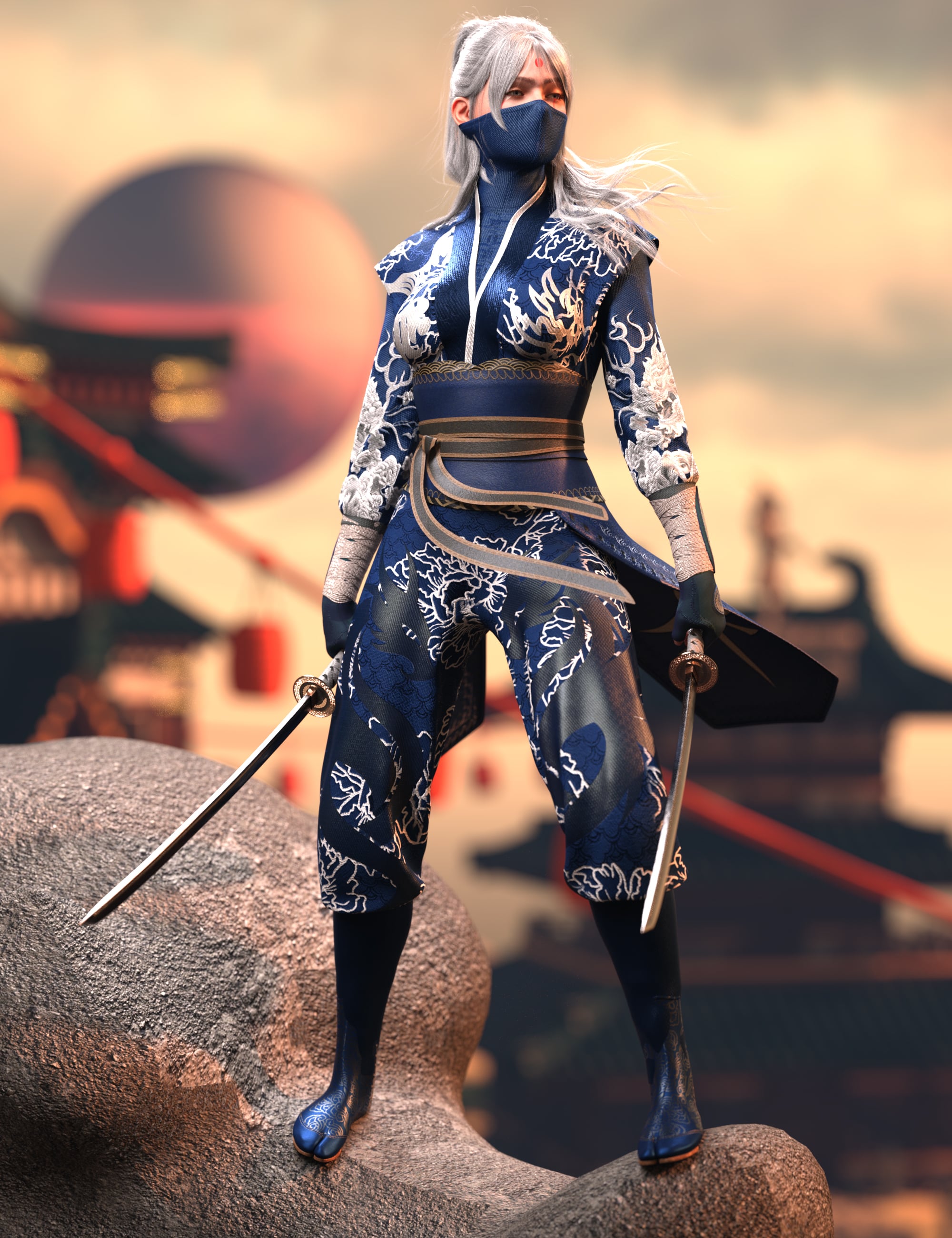 Akai Defender: dForce Kimono Outfit for Genesis 9 by: Otart, 3D Models by Daz 3D