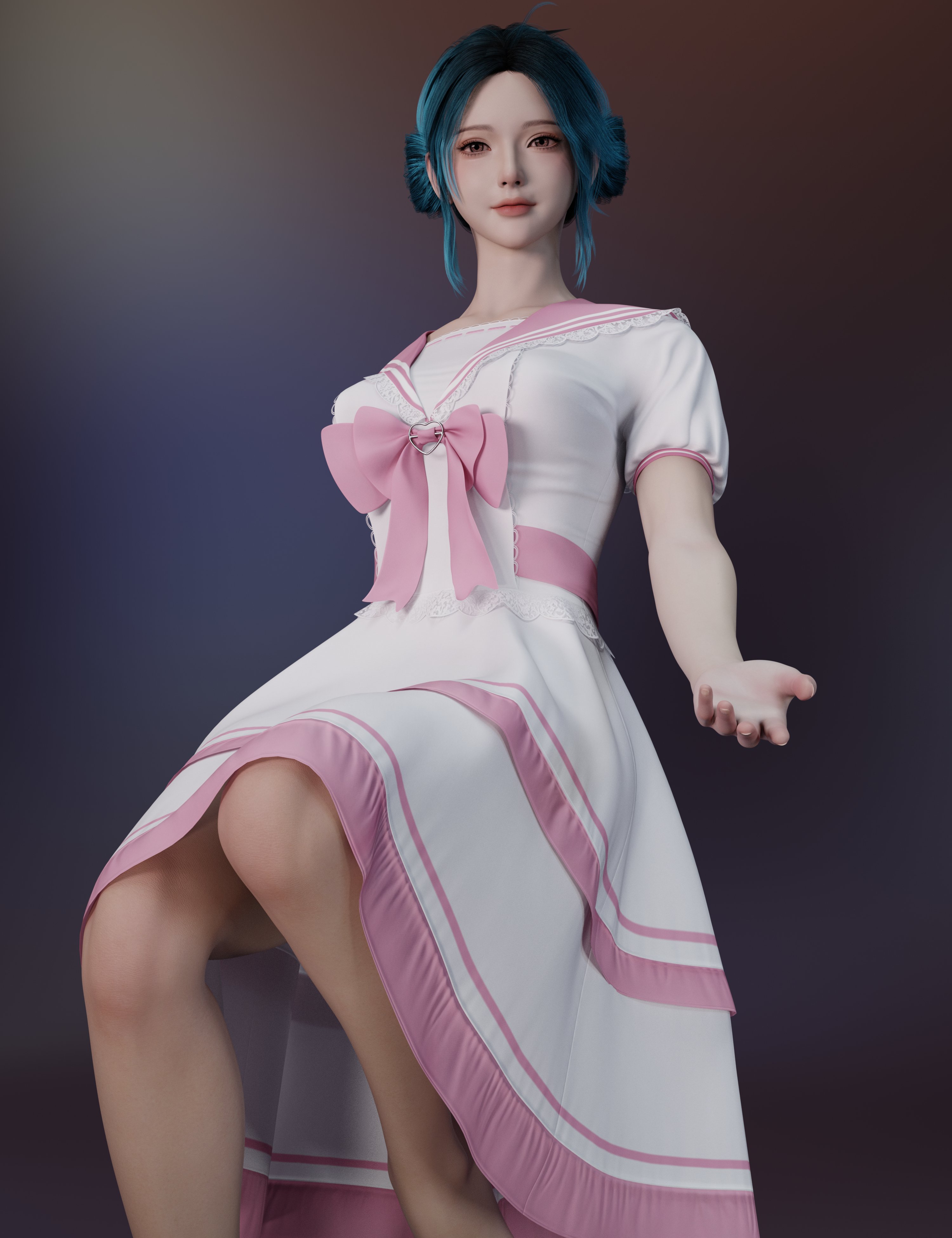 dForce Sailor Collar Short Sleeve Ruffle Dress Outfit for Genesis 9 by: yuke, 3D Models by Daz 3D