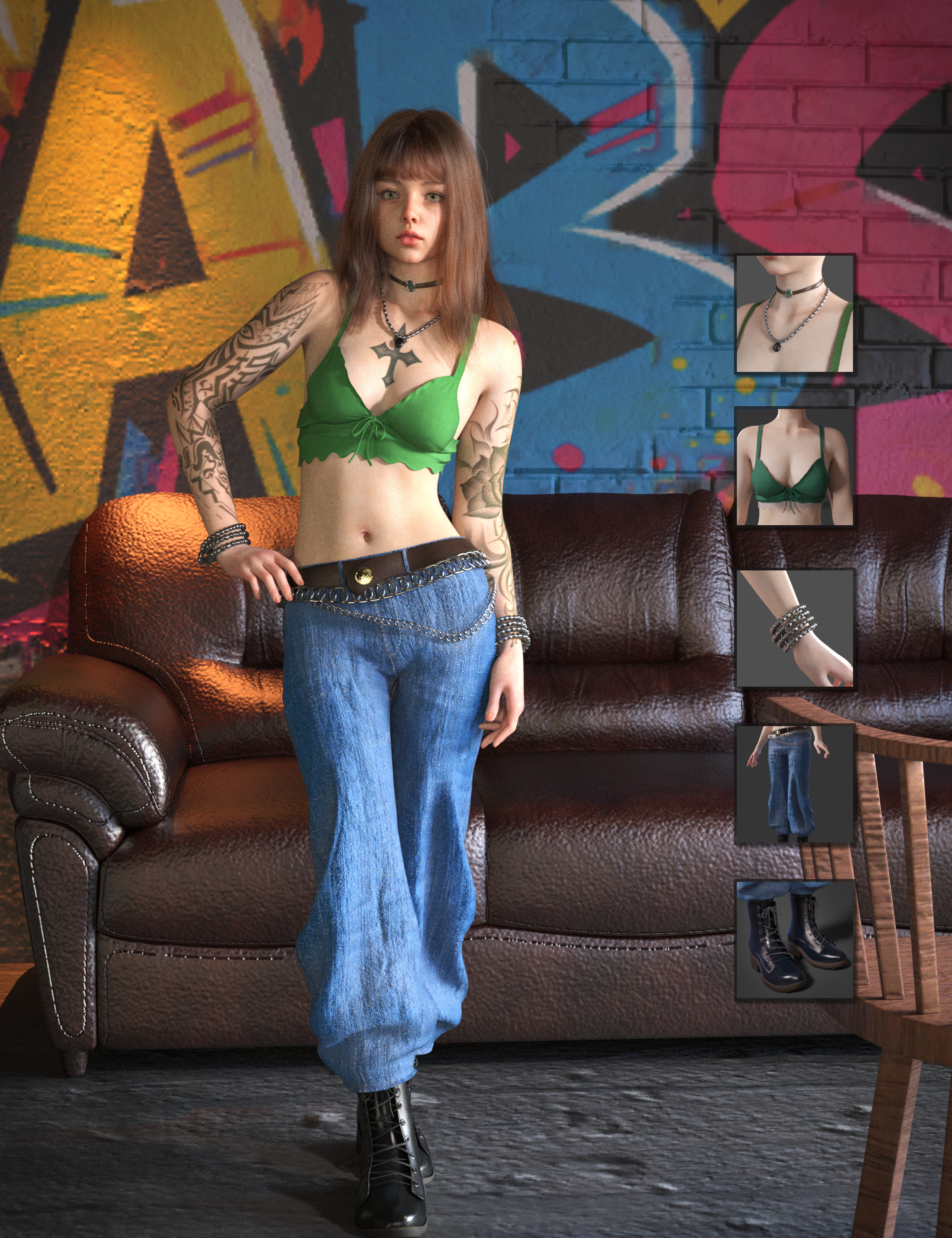 dForce MB Vintage Punk Style for Genesis 9 Feminine by: Magic Brush, 3D Models by Daz 3D