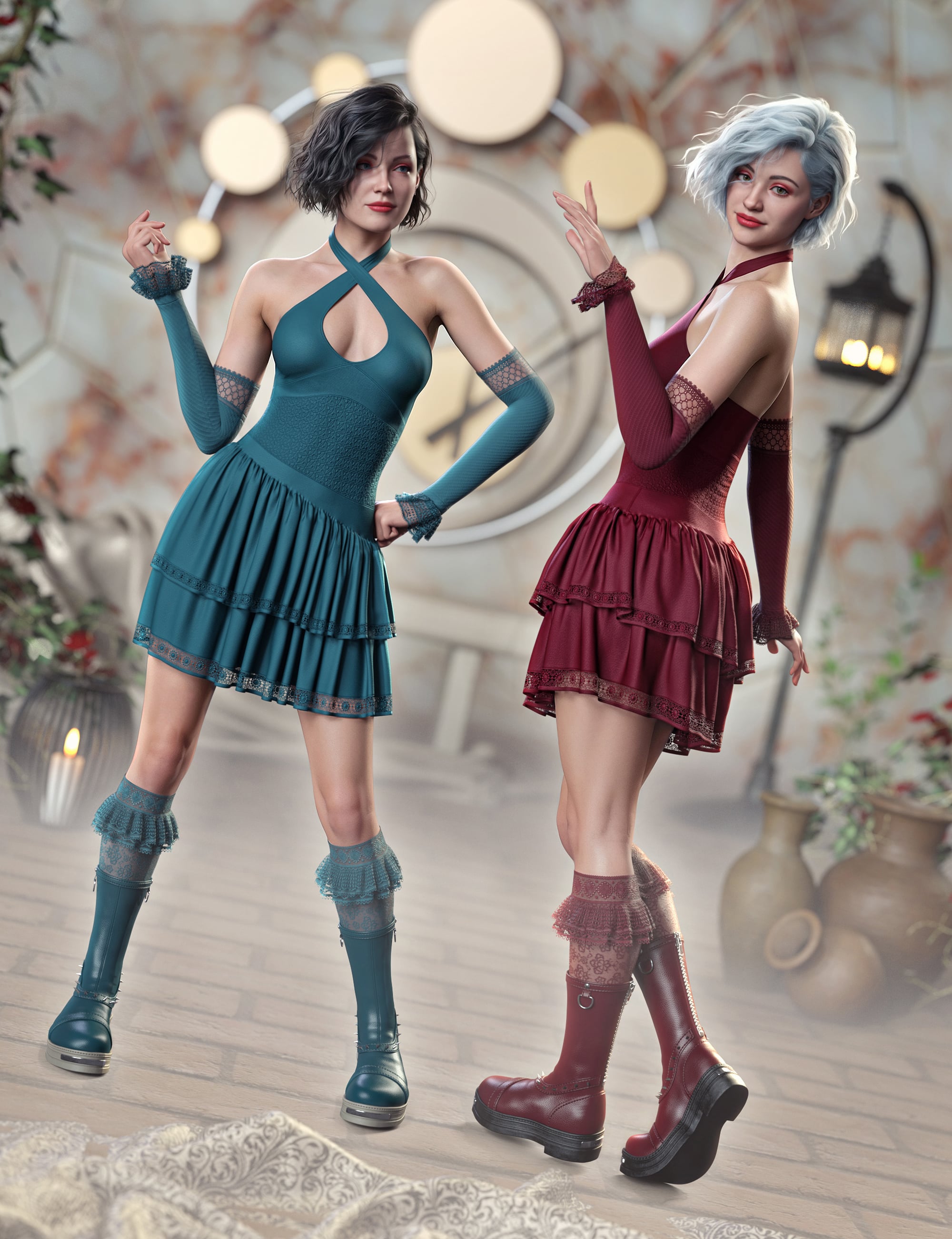 dForce DC Ruffled Dress Set for Genesis 9 by: Dreamcatcher, 3D Models by Daz 3D