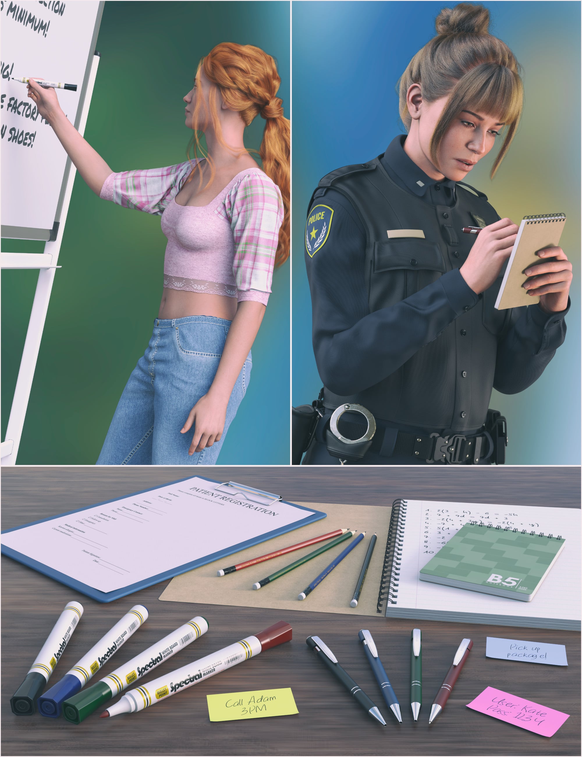 Writing Stuff Down - Props and Poses for Genesis 9 and 8 Female by: Spectral Frames, 3D Models by Daz 3D