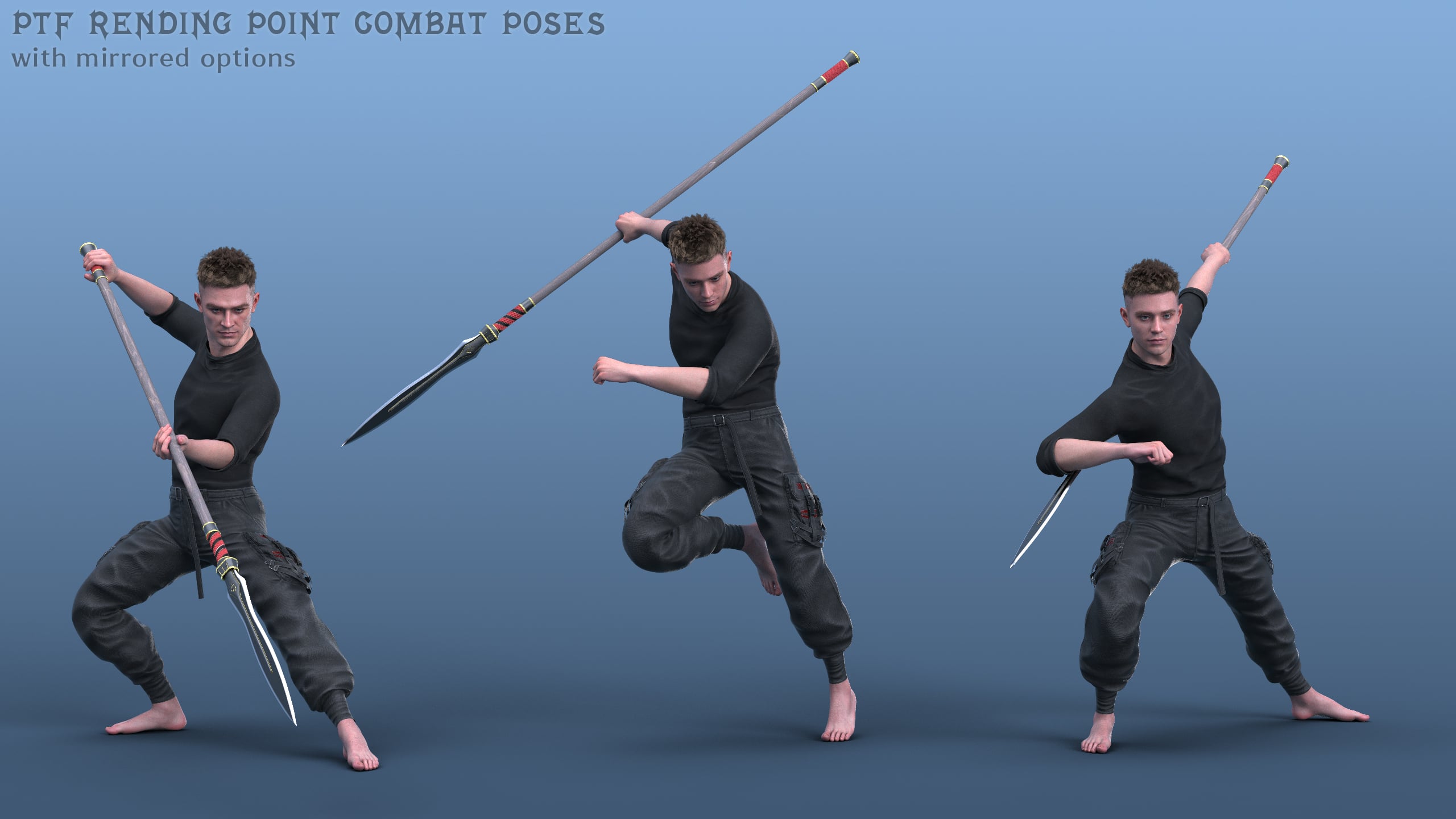 Three Point Pose PTF Rending Point Combat Poses and a Prop for Genesis 9 | Daz 3D