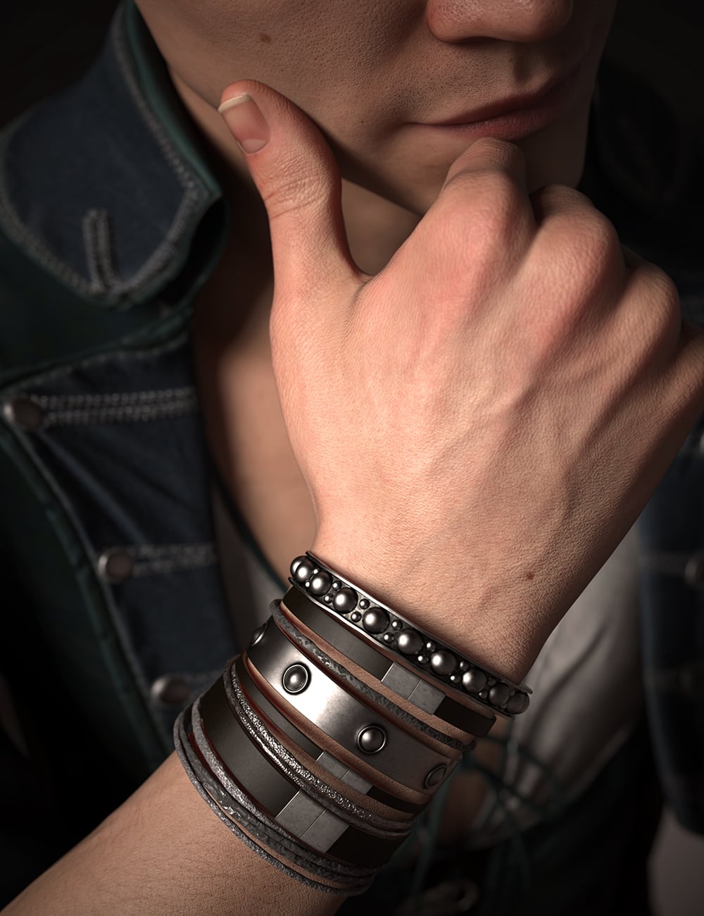 Leather and Steel Bracelet Set for Genesis 9, 8.1, and 8 by: Censored, 3D Models by Daz 3D