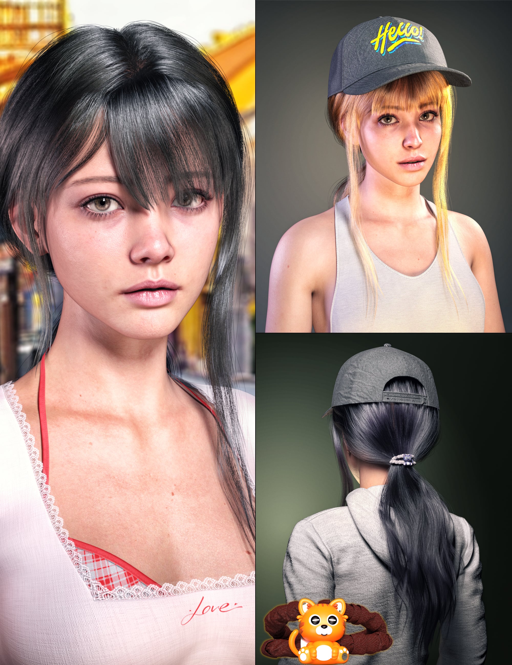 dForce Strand-Based FE Low Ponytail Base Hair for Genesis 9,8 and 8.1 by: FeSoul, 3D Models by Daz 3D