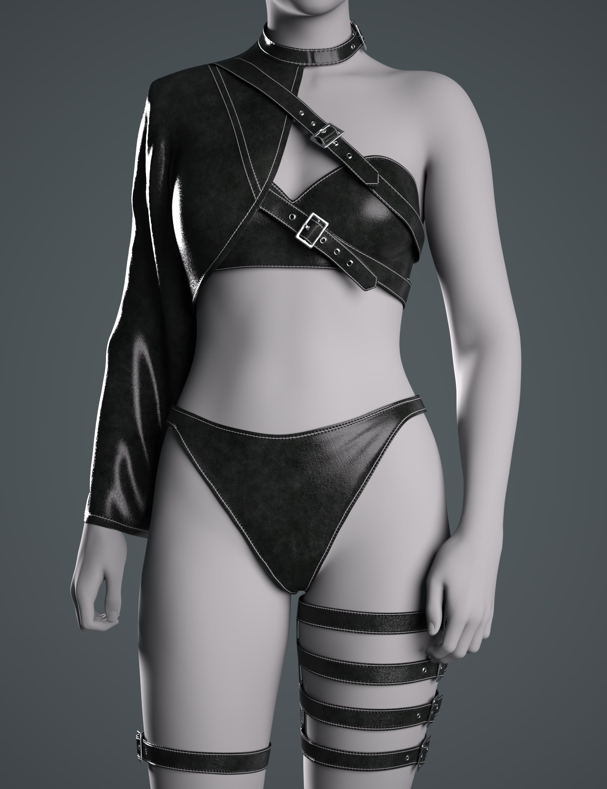 dForce GN Punk Single-Shoulder Leather Outfit for Genesis 9 by: Goanna, 3D Models by Daz 3D