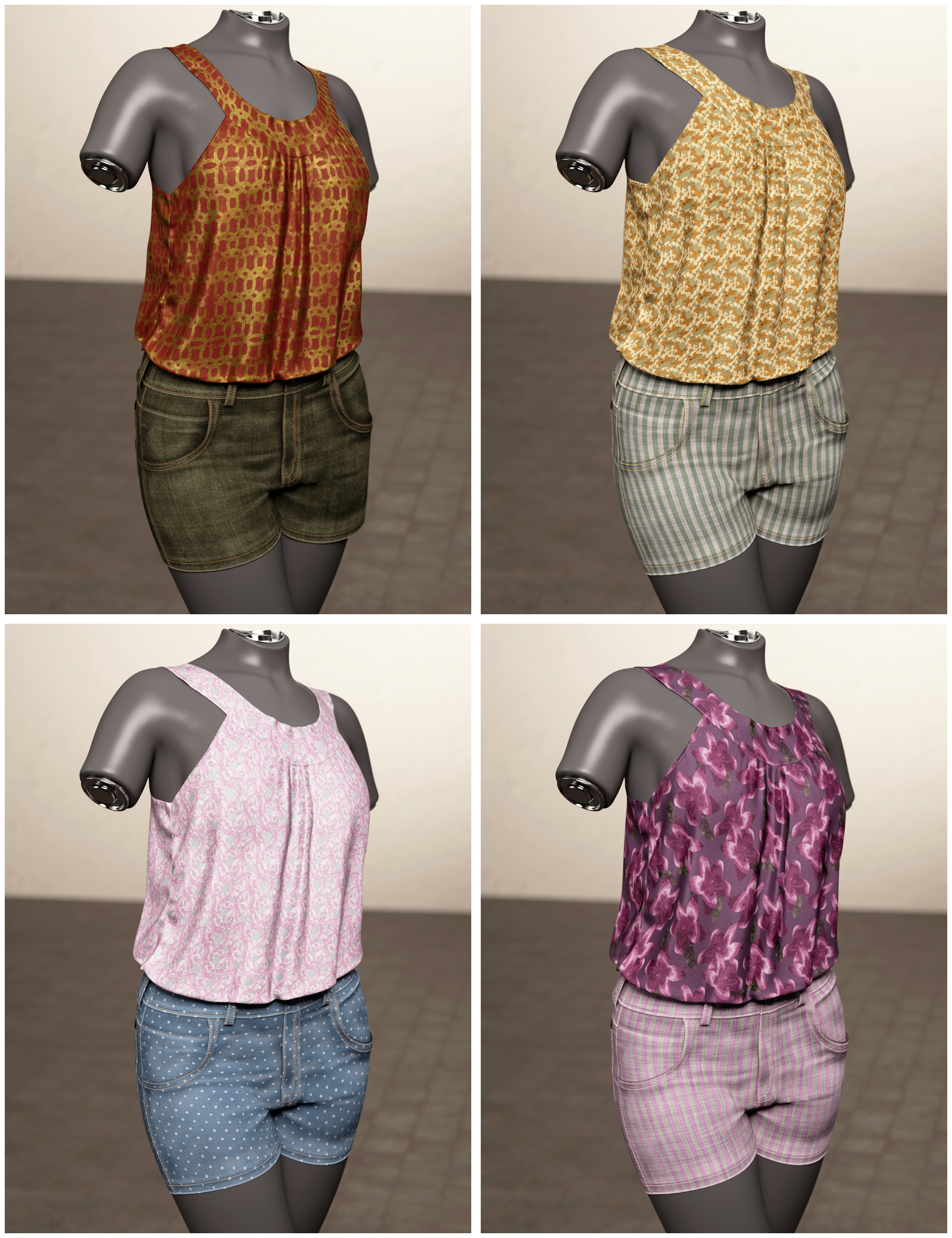 Textures Add-On for Denim Shorts and Loose Top for Genesis 9 by: outoftouch, 3D Models by Daz 3D